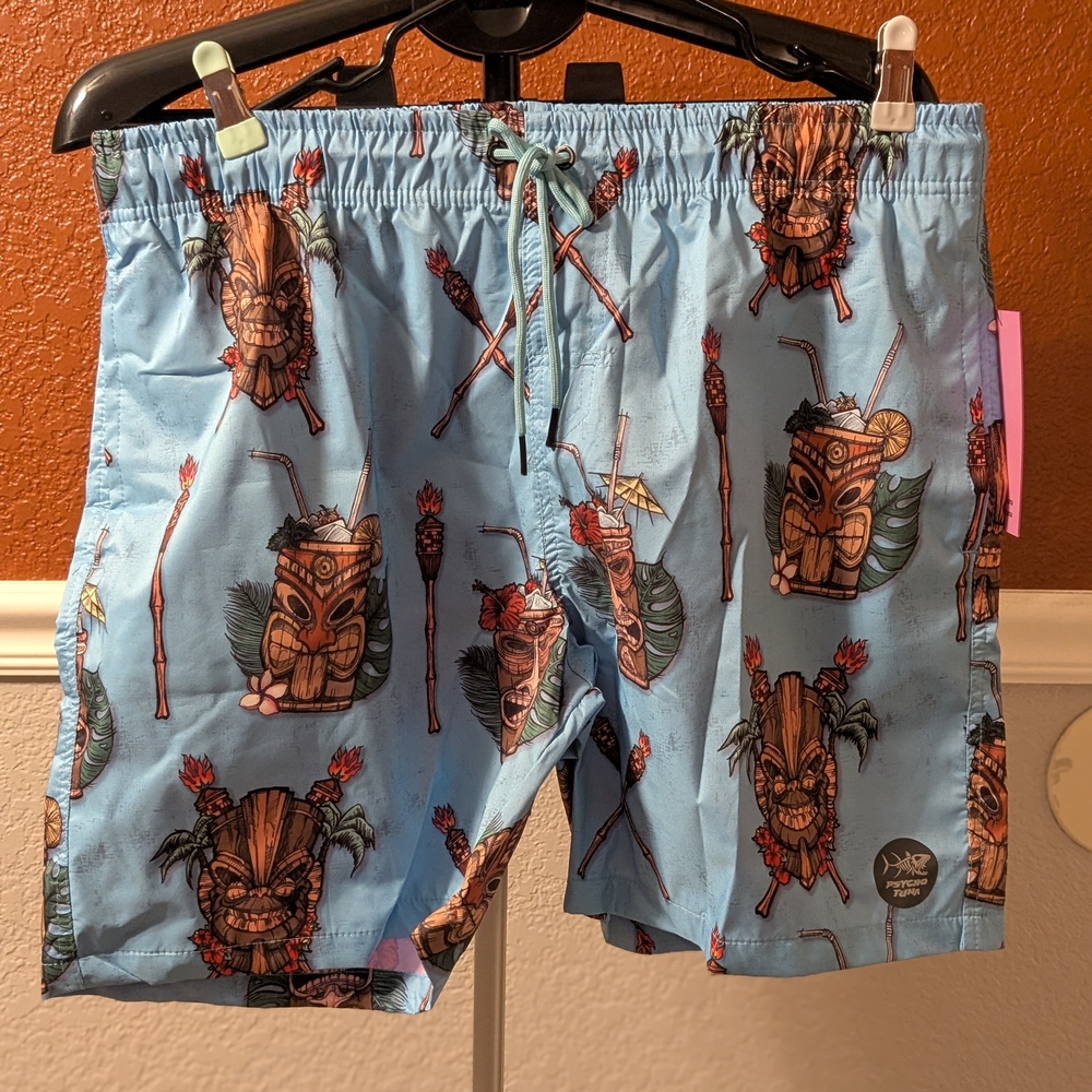 Tropical Tiki Print Swim Trunks - Blue
